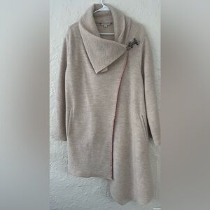 Garnet Hill Asymmetrical Oatmeal Boiled Wool Coat, Lightweight, Metal Clasp; 12